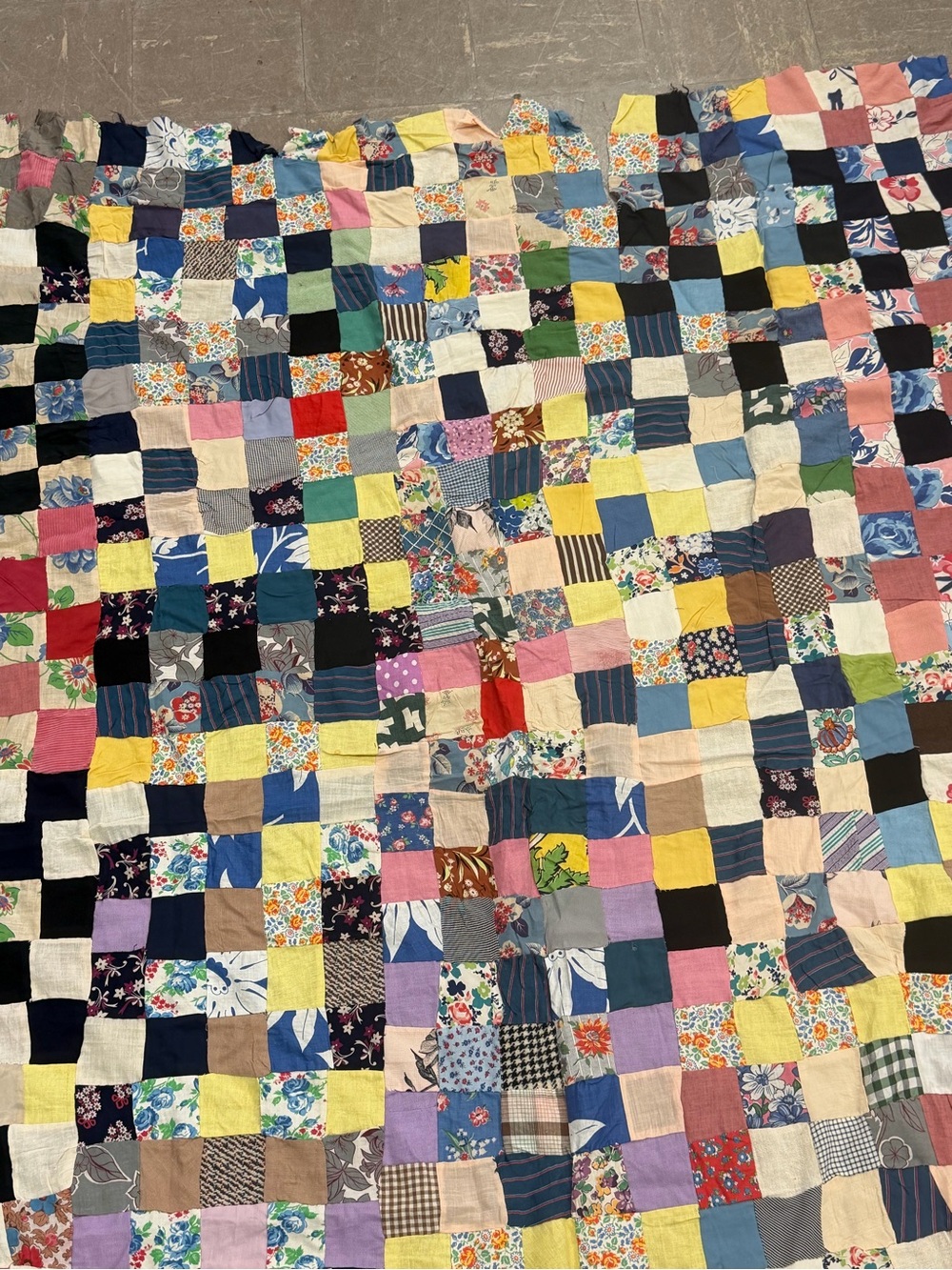 VTG Hand-Stitched Postage Stamp Quilt Topper Feedsack Fabric Scrap Mosaic 58x72" - Picture 6 of 10